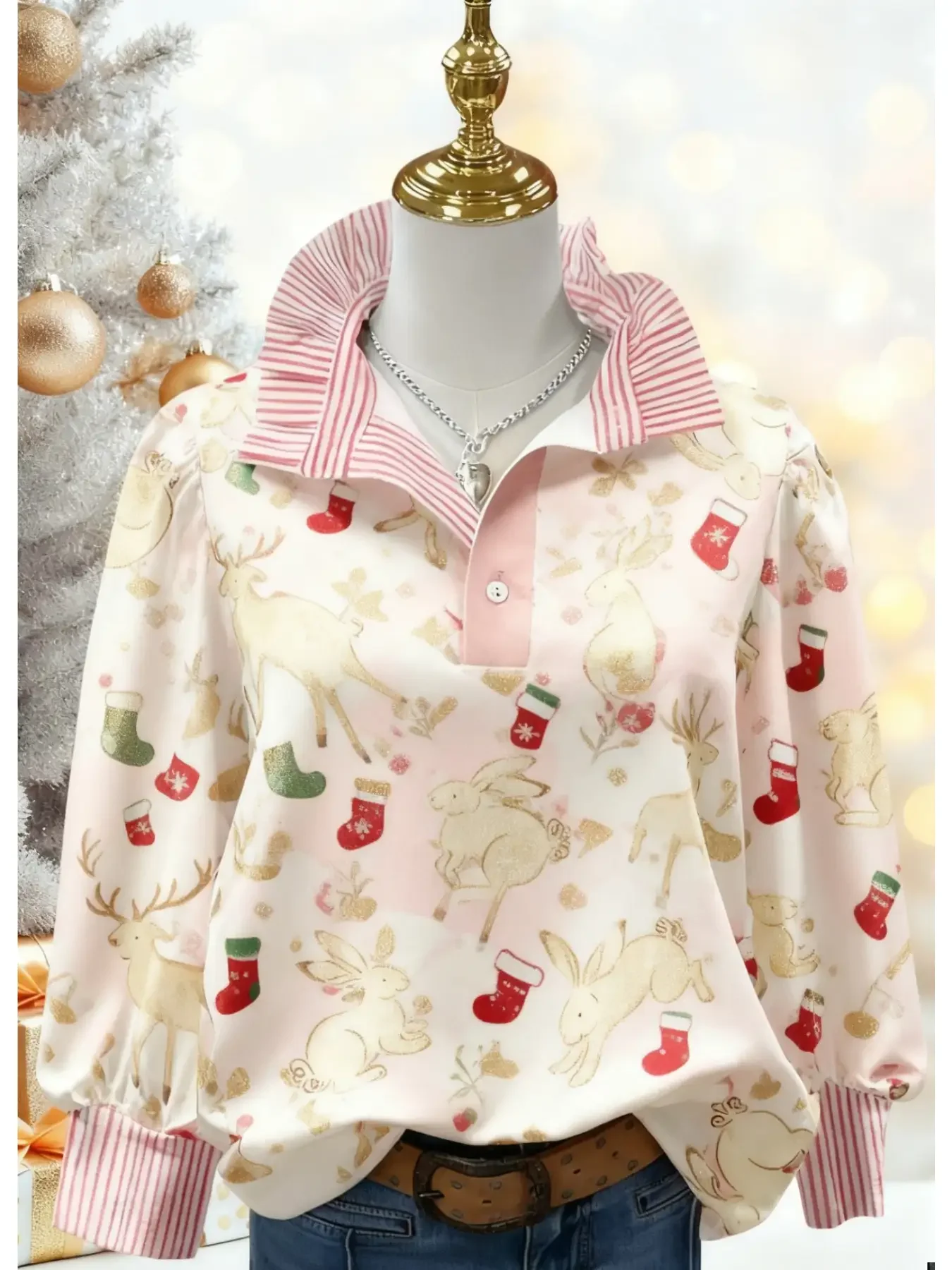 Women's Spring and Autumn Winter Collection Standing Collar Long Sleeve Shirt with Exquisite Deer Print Pattern, camisa social
Women's Spring and Autumn Winter Collection Standing Collar Long Sleeve Shirt with Exquisite Deer Print Pattern, camisa social