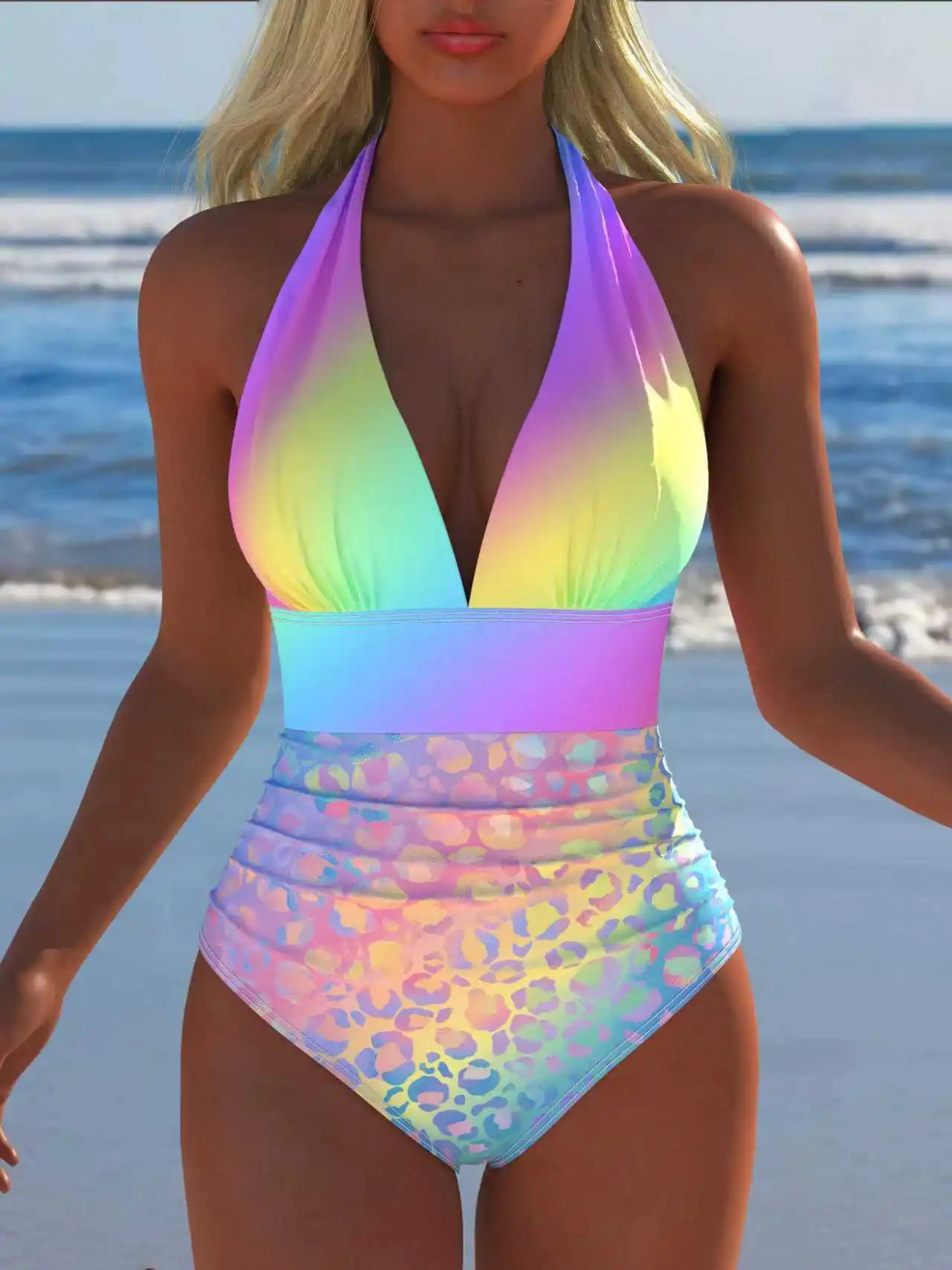 Women's Rainbow Gradient Leopard Print Halter One Piece Swimsuit 2026 Ruched Tummy Control Bathing Suit Summer Beach Swimwear
Women's Rainbow Gradient Leopard Print Halter One Piece Swimsuit 2026 Ruched Tummy Control Bathing Suit Summer Beach Swimwear