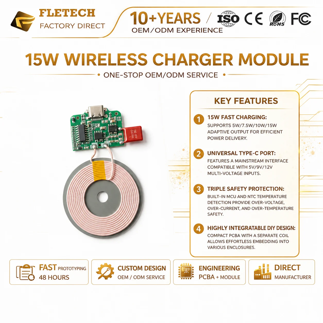 15W Qi Fast Wireless Charger Module with Built-in MCU Universal Type-C PCBA Circuit Board with Coil for DIY Furniture & Car
15W Qi Fast Wireless Charger Module with Built-in MCU Universal Type-C PCBA Circuit Board with Coil for DIY Furniture & Car