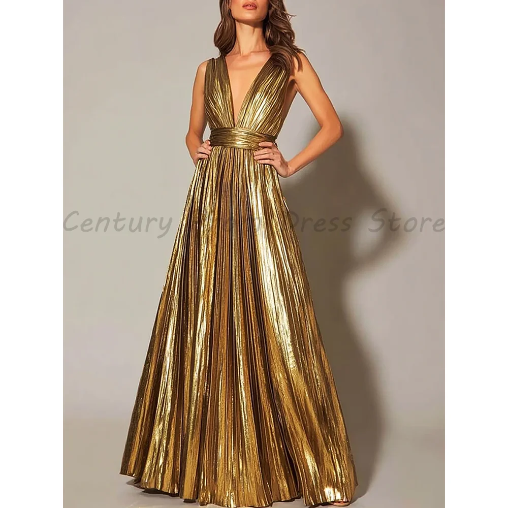 Gold Deep V Neck Formal Evening Dress Metallic Shiny Fabric Waist Belt Pleated A-Line Maxi Prom Gown For Red Carpet Gala
Gold Deep V Neck Formal Evening Dress Metallic Shiny Fabric Waist Belt Pleated A-Line Maxi Prom Gown For Red Carpet Gala