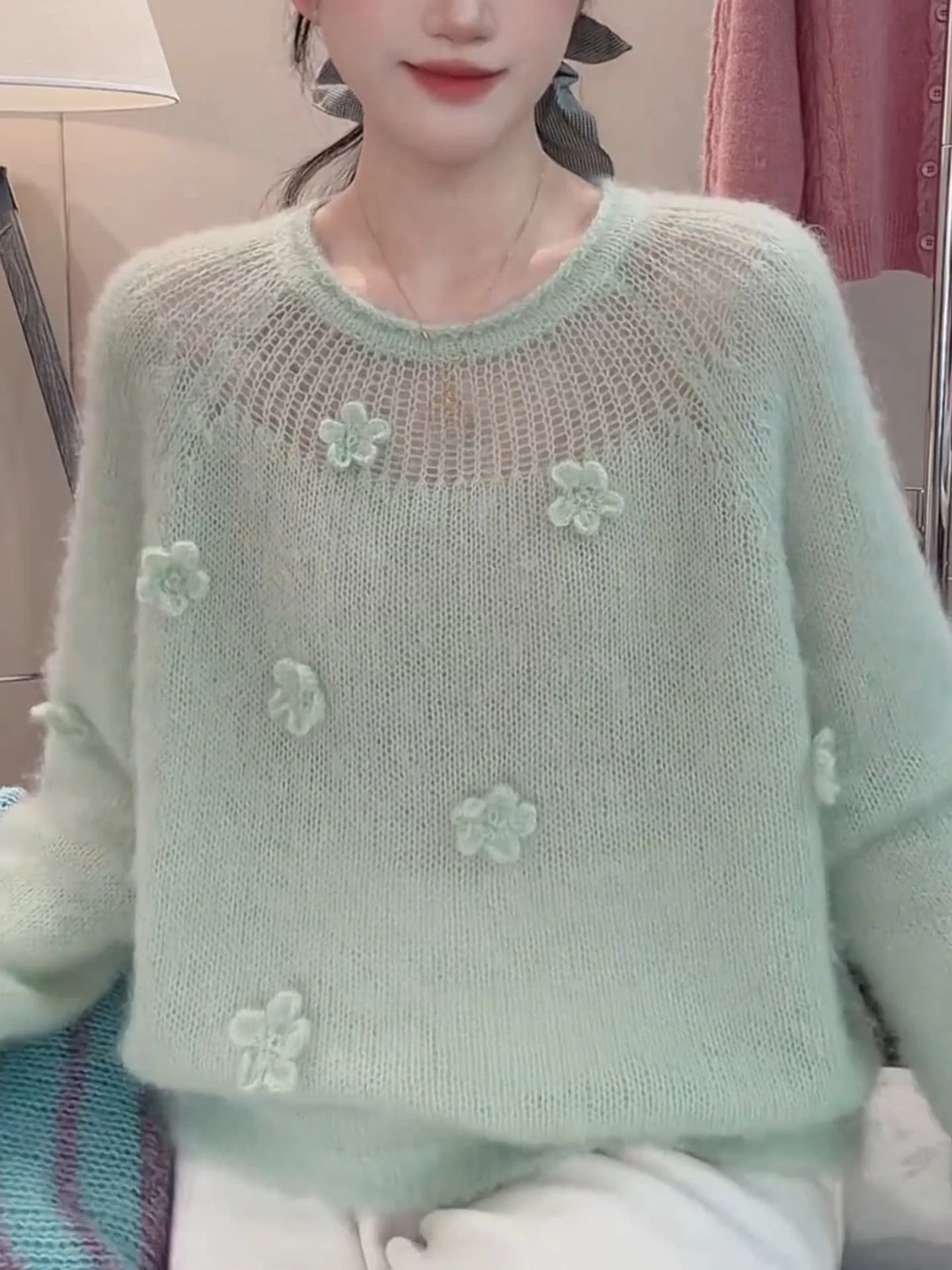 Spring Summer Soft Lazy Style Hollow out Knitted Top Women's Mint Green round Neck Slim Fit Sweater Floral 3D Decoration
Spring Summer Soft Lazy Style Hollow out Knitted Top Women's Mint Green round Neck Slim Fit Sweater Floral 3D Decoration