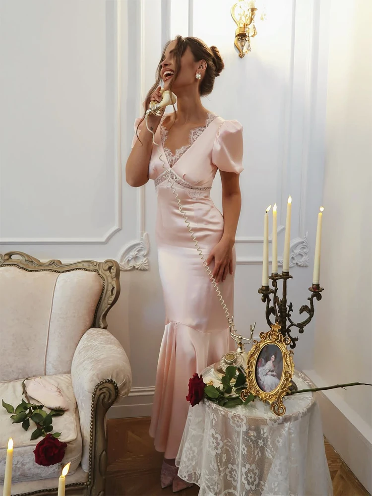 Women's Solid Lace Trim Mermaid Dress Elegant Puff Sleeve V-neck Short High Waist Split Satin Gowns 2026 Date Lady Dresses
Women's Solid Lace Trim Mermaid Dress Elegant Puff Sleeve V-neck Short High Waist Split Satin Gowns 2026 Date Lady Dresses