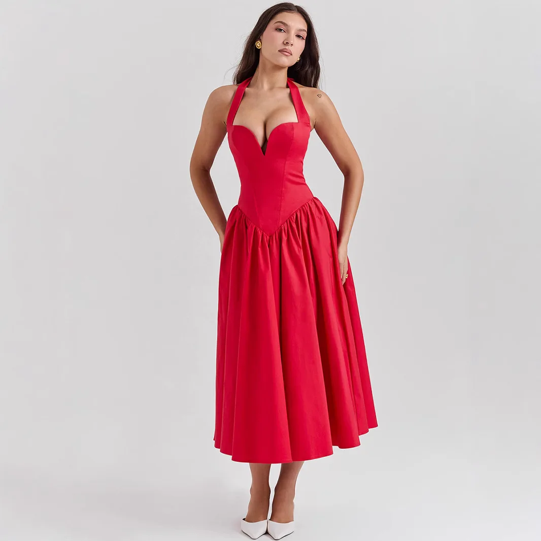 High sense sexy deep V neck halter red medium length dress fashionable simple temperament elegant versatile high-end holiday sty
High sense sexy deep V neck halter red medium length dress fashionable simple temperament elegant versatile high-end holiday sty