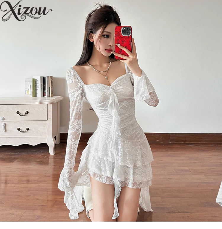 Goth Lace Dress Women 2025 Summer French Mesh Square Neck Slim Irregular Layered Ribbon Trim Flare Sleeve Dark Y2K Streetwear
Goth Lace Dress Women 2025 Summer French Mesh Square Neck Slim Irregular Layered Ribbon Trim Flare Sleeve Dark Y2K Streetwear