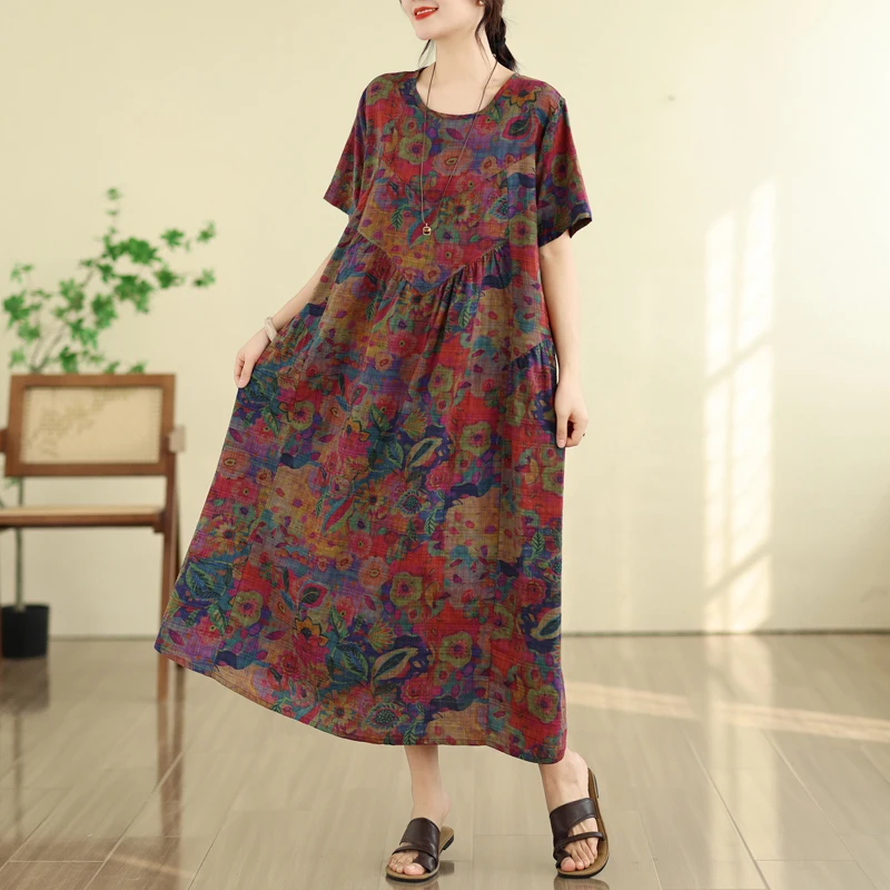 Summer New Vintage Bamboo Fiber A-Line Dress Women's Loose Slimming round Neck Pocket Short Sleeve Long Dress Artistic Style
Summer New Vintage Bamboo Fiber A-Line Dress Women's Loose Slimming round Neck Pocket Short Sleeve Long Dress Artistic Style