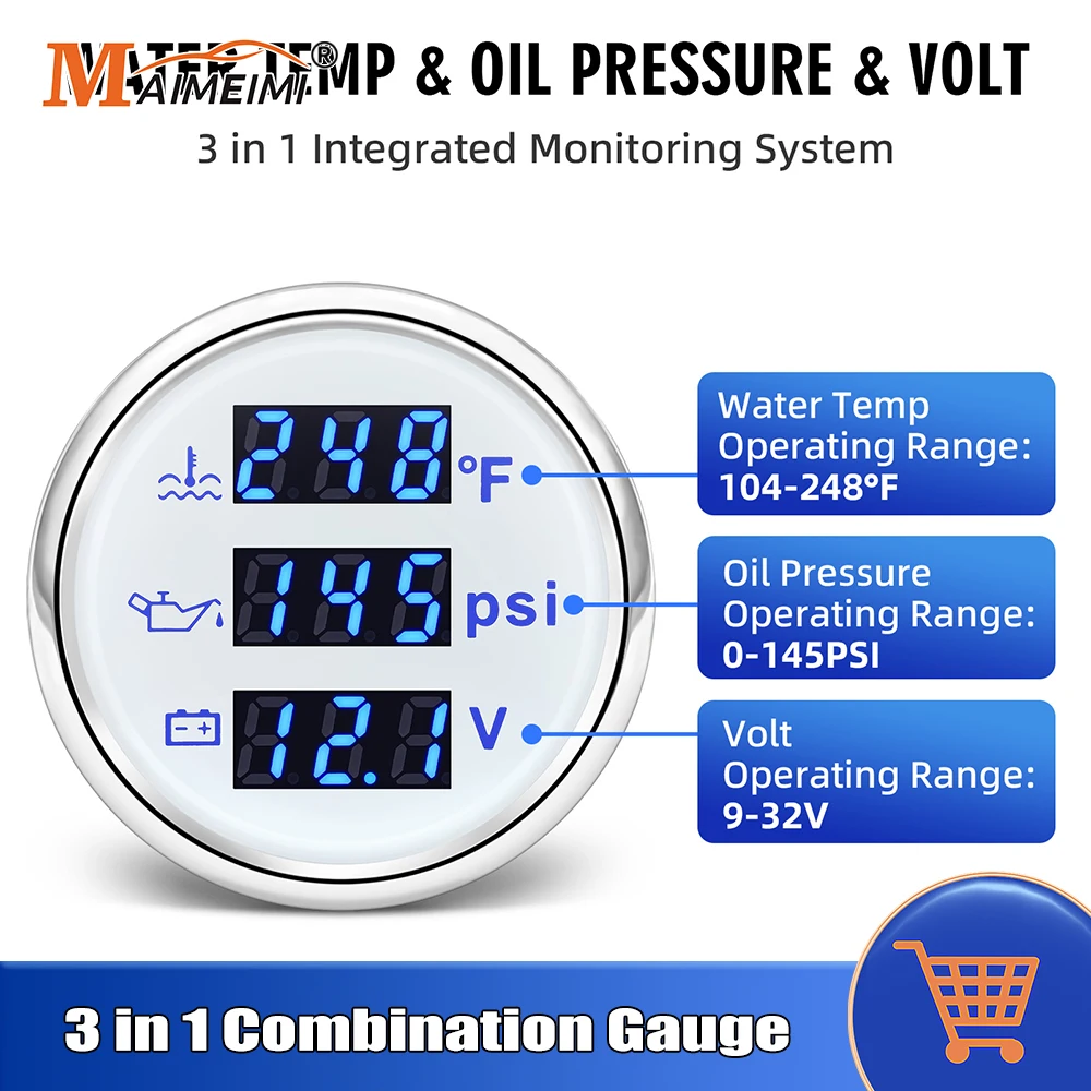 Digital 52mm 3 IN 1 Water Temperature Oil Pressure Volt Gauge With Alarm Universal For Car Marine Boat 12V 24V Blue Backlight
Digital 52mm 3 IN 1 Water Temperature Oil Pressure Volt Gauge With Alarm Universal For Car Marine Boat 12V 24V Blue Backlight