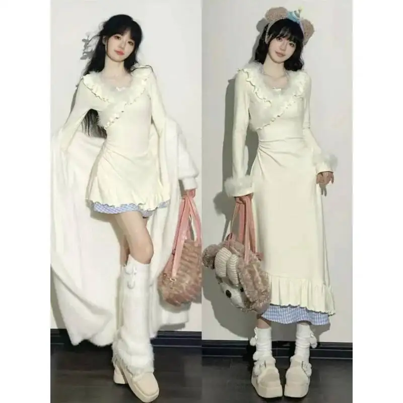 Sweet Short Skirt Design Slimming V-Neck Fake Two-Piece Dress Women's Autumn Winter Pure Desire Japanese Style Furry Patchwork
Sweet Short Skirt Design Slimming V-Neck Fake Two-Piece Dress Women's Autumn Winter Pure Desire Japanese Style Furry Patchwork