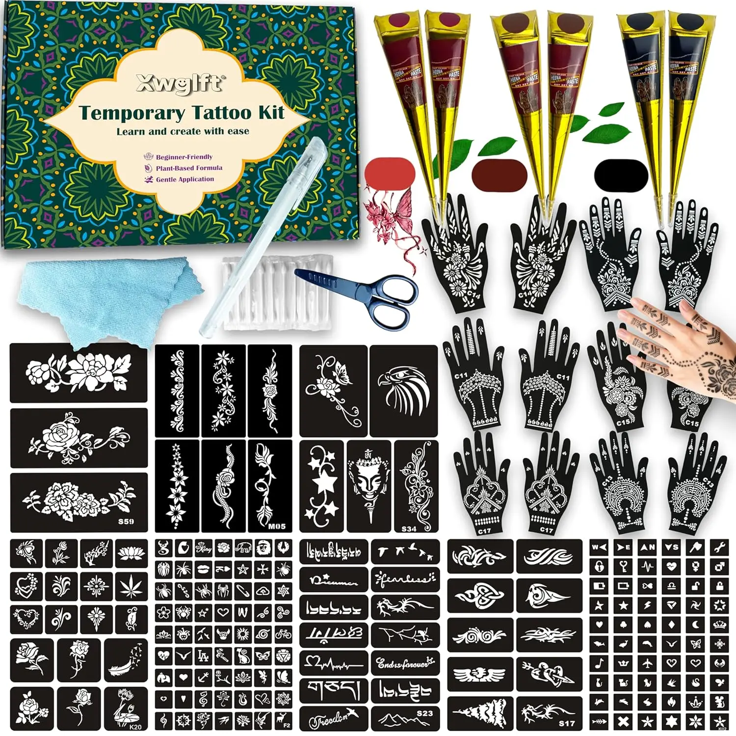 191 Pcs Temporary Tattoo Stencils Kit with 6 Cones & White Pen for Adults, Teens, Beginners
191 Pcs Temporary Tattoo Stencils Kit with 6 Cones & White Pen for Adults, Teens, Beginners