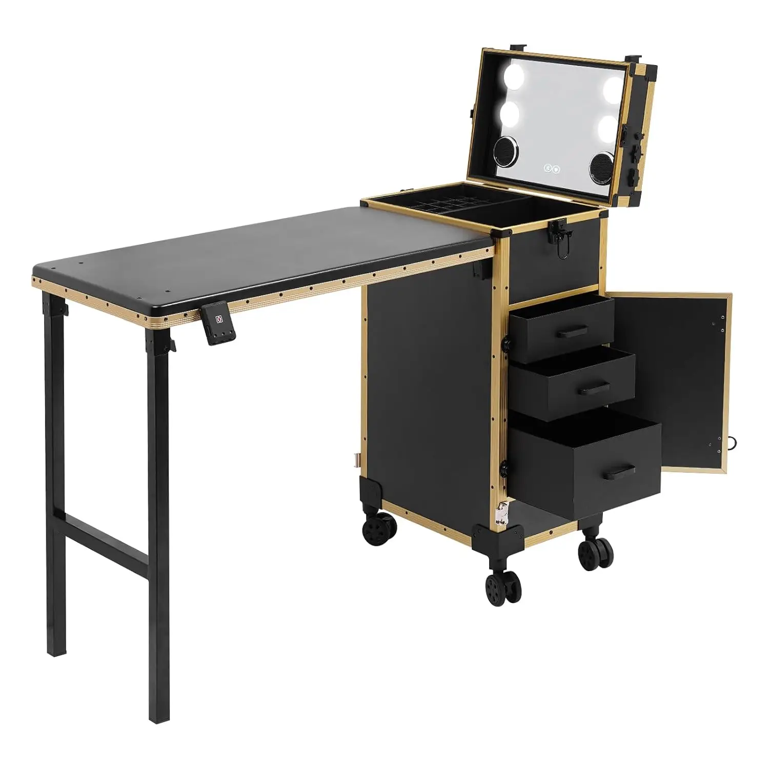 Rolling Makeup Train Case with 4 Drawers&Mirror, Foldable Makeup Nail Desk with Table&Blueteeth Speaker, Lockable, Customized
Rolling Makeup Train Case with 4 Drawers&Mirror, Foldable Makeup Nail Desk with Table&Blueteeth Speaker, Lockable, Customized