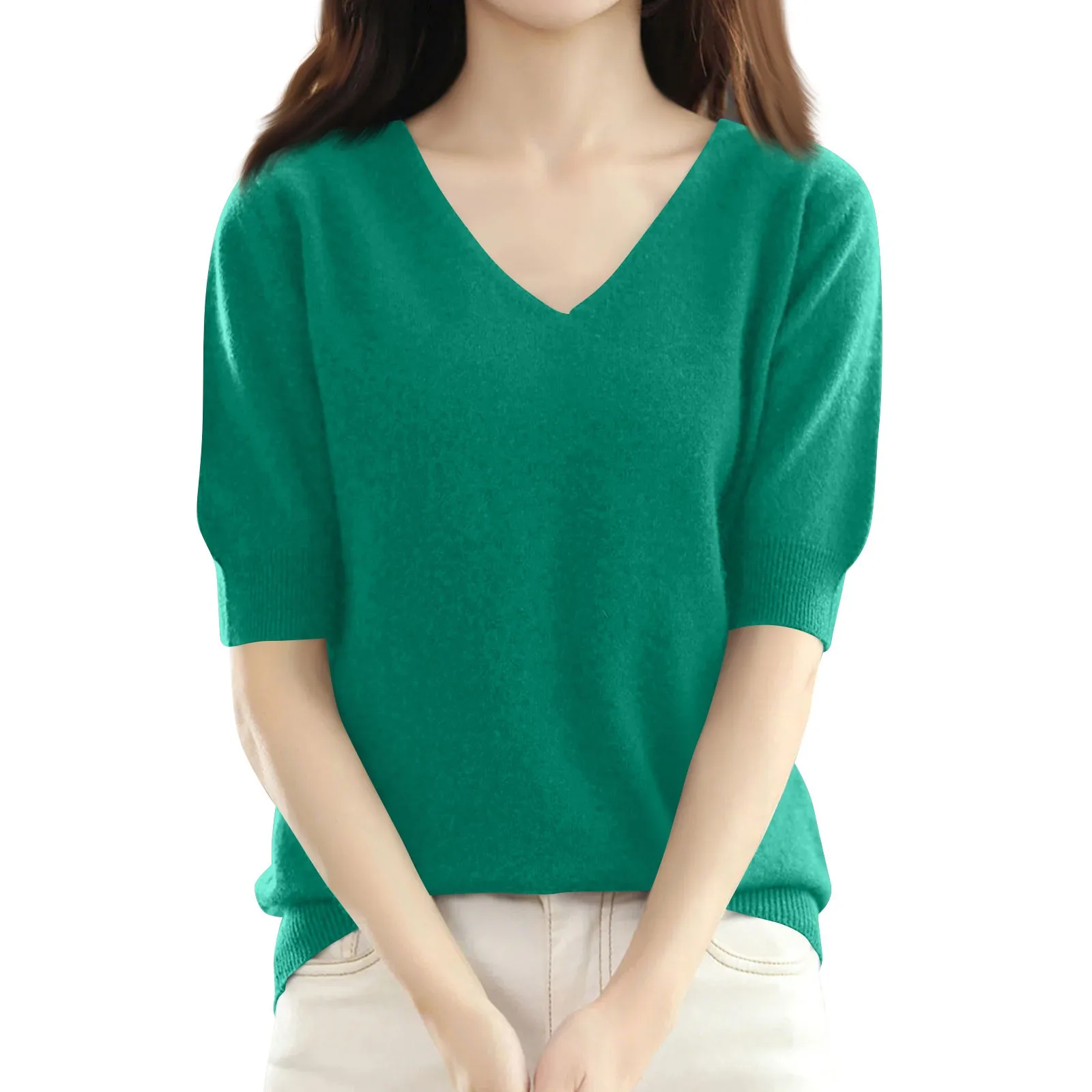 Classic Elegant Loose Slim Short-sleeved V-neck T-shirt for Lady Solid Color Flesh-covering Knitted Versatile Comfy Thin Top
Classic Elegant Loose Slim Short-sleeved V-neck T-shirt for Lady Solid Color Flesh-covering Knitted Versatile Comfy Thin Top
