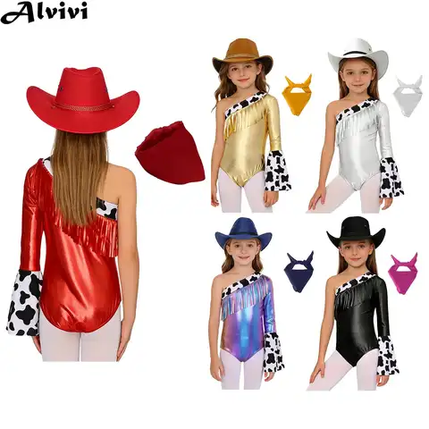 Justaucorps de danse pour filles, à une épaule, à franges métalliques, pour Halloween, carnaval, cowgirl western, cosplay, tenue de danse