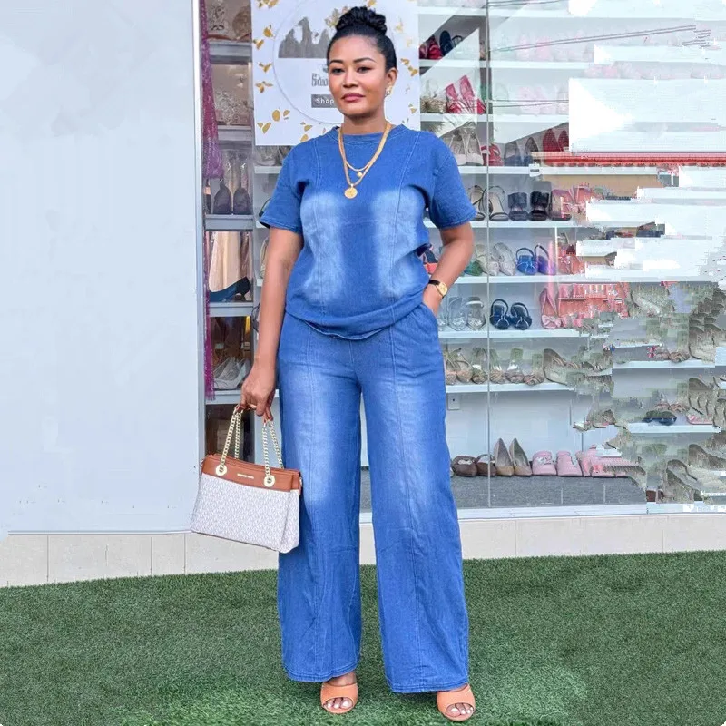 Fashion Women Two Piece Sets Denim Round Neck Short Sleeve Tops Casual Loose Wide Leg Long Pants Set High Waist Y2k Streetwear
Fashion Women Two Piece Sets Denim Round Neck Short Sleeve Tops Casual Loose Wide Leg Long Pants Set High Waist Y2k Streetwear