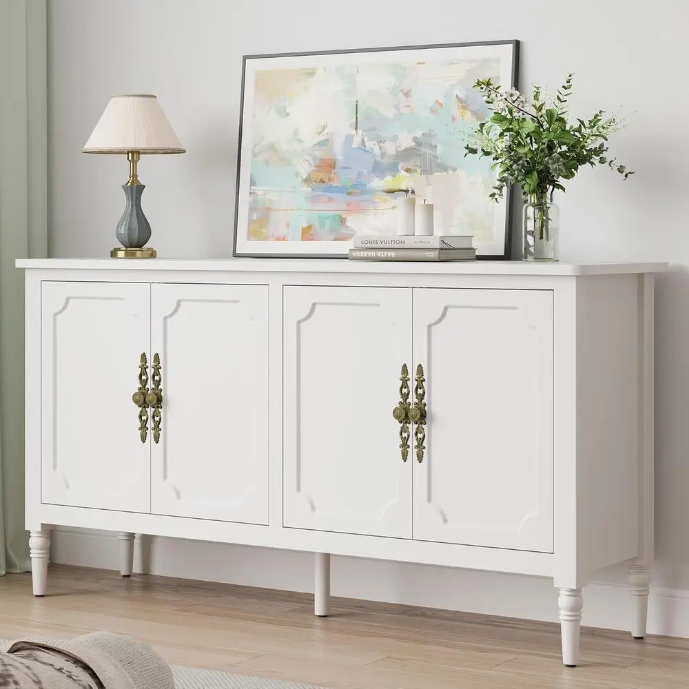 58 Modern Century Sideboard Buffet with Solid Wood Legs, Storage, and 4 Doors for Living Room, Kitchen, Satin White Finish
58 Modern Century Sideboard Buffet with Solid Wood Legs, Storage, and 4 Doors for Living Room, Kitchen, Satin White Finish