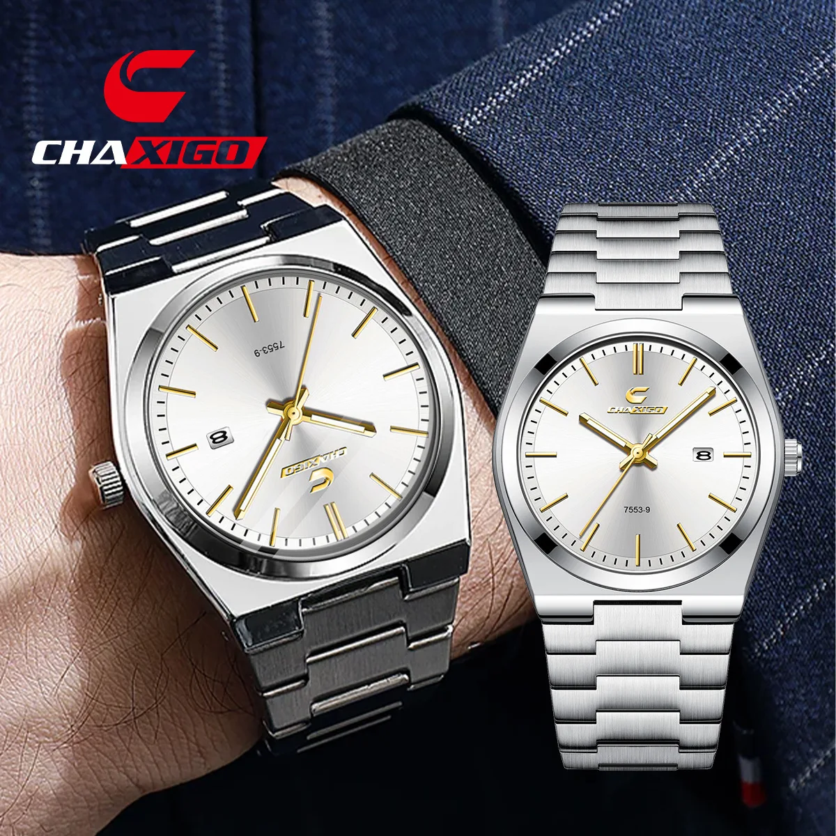 CHAXIGO 7553 New Ultra-thin Men's Quartz Watch Waterproof Calendar Alloy Stainless Steel Watches for Man Relojes Para Hombres
CHAXIGO 7553 New Ultra-thin Men's Quartz Watch Waterproof Calendar Alloy Stainless Steel Watches for Man Relojes Para Hombres