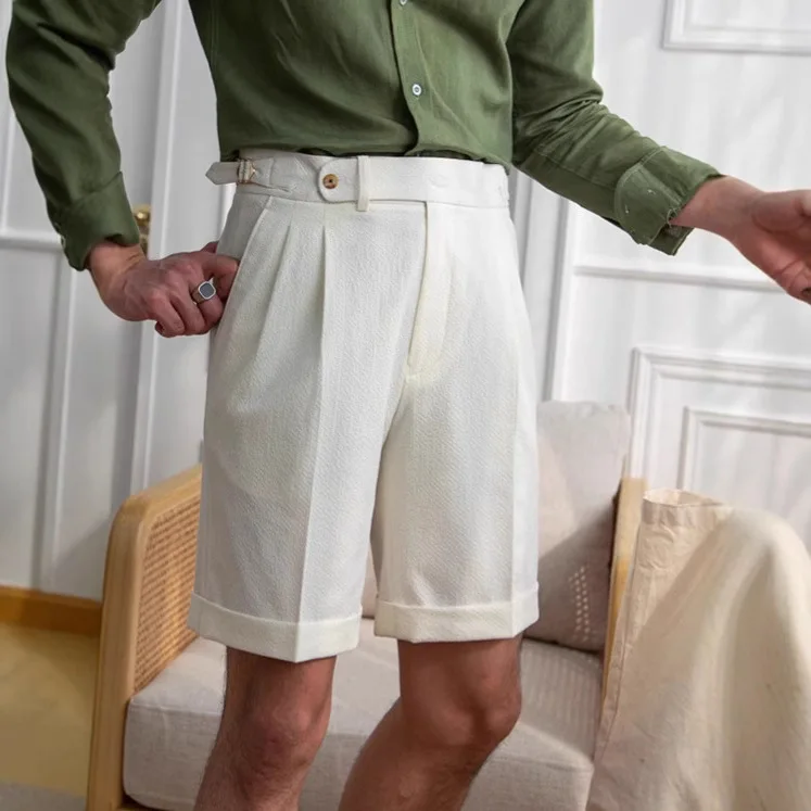 Miembro Naples Shorts Men Summer Seersucker High Waisted Paris Buckle Suit Middle Pants England Business Casual Shorts for Men
Miembro Naples Shorts Men Summer Seersucker High Waisted Paris Buckle Suit Middle Pants England Business Casual Shorts for Men
