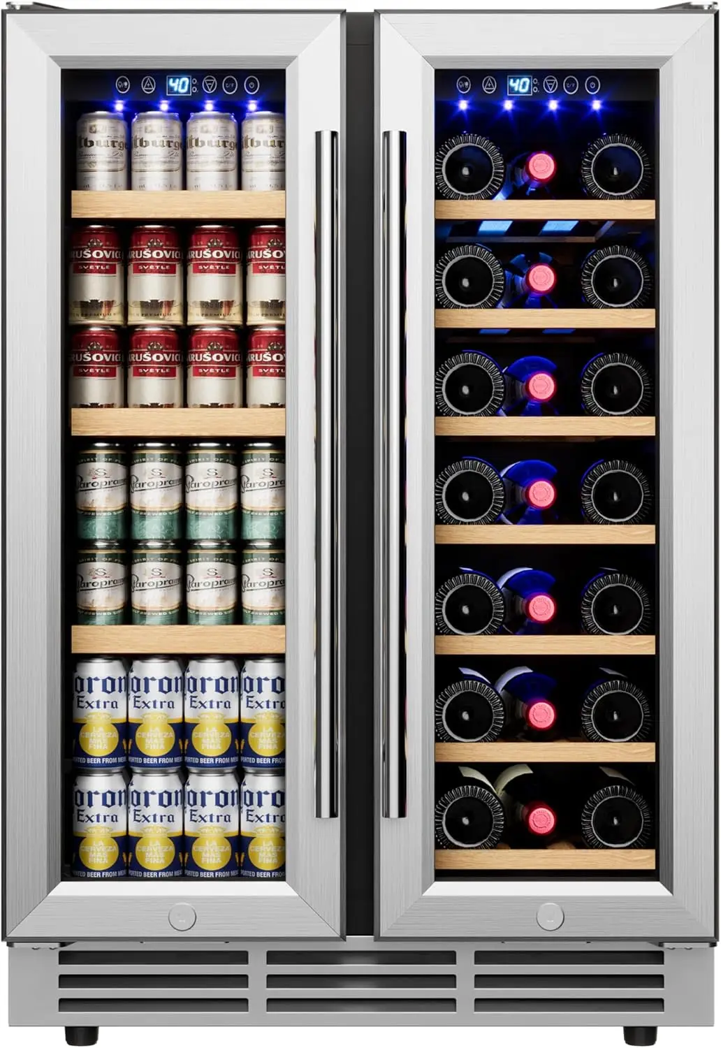 24" Wine and Beverage Refrigerator, Dual Zone Wine Cooler with Glass Door, Hold 88 Cans & 21 Bottles, Built in or Freestanding
24" Wine and Beverage Refrigerator, Dual Zone Wine Cooler with Glass Door, Hold 88 Cans & 21 Bottles, Built in or Freestanding