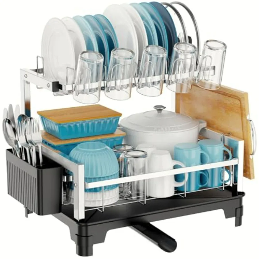 2-Tier Stainless Steel Dish Drying Rack with Cutting Board Holder and Auto-Drain Spout for Kitchen Counter Compact Rust Proof D
