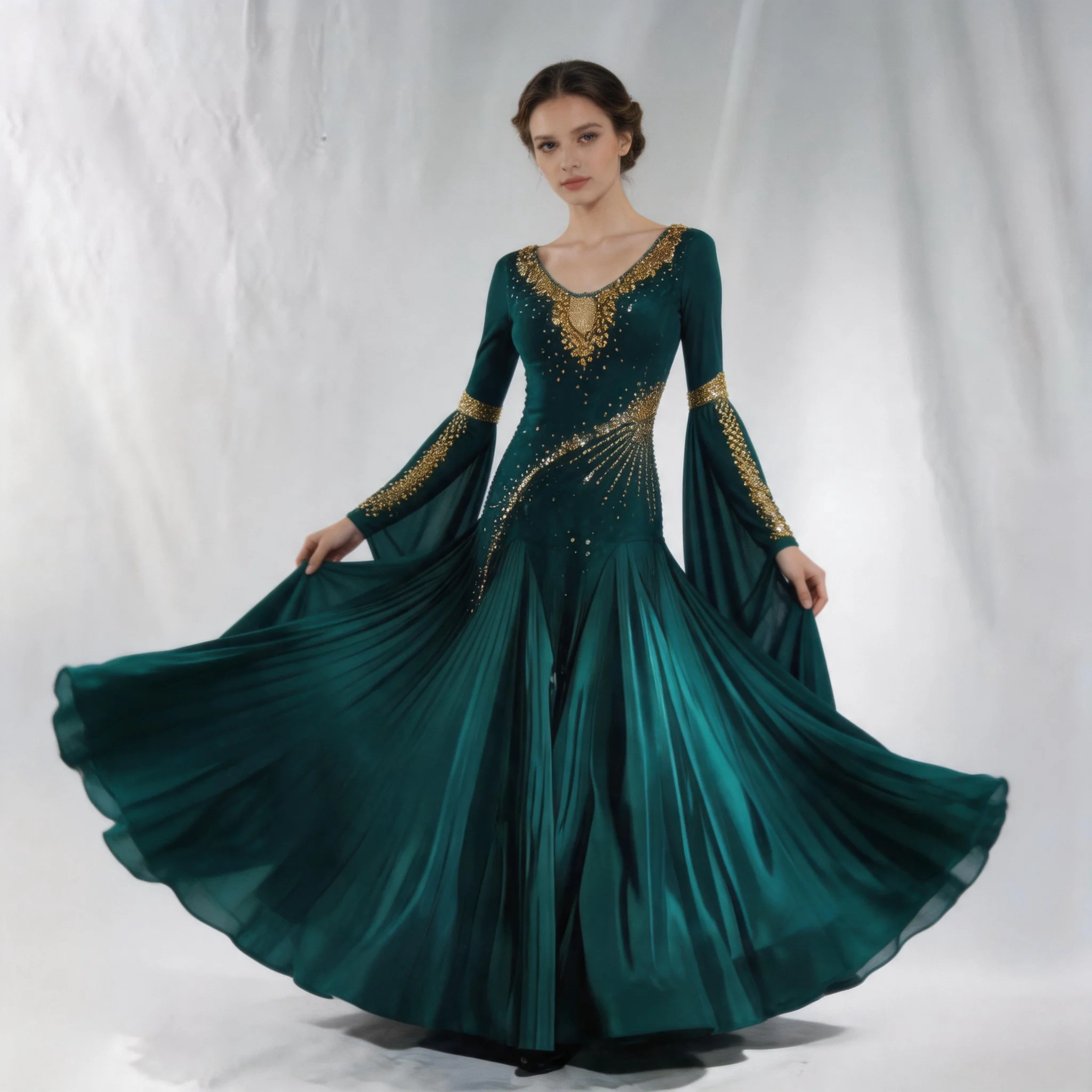 Rhinestone Velvet Ballroom Competition Dress, Deep Green with Gold Details, Flared Long Sleeve for Waltz Tango Stage Wea
Rhinestone Velvet Ballroom Competition Dress, Deep Green with Gold Details, Flared Long Sleeve for Waltz Tango Stage Wea