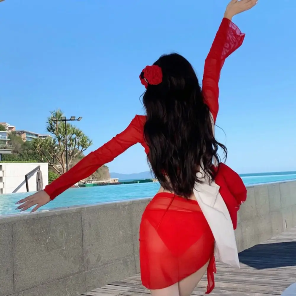 Pure Red Color Four Piece Bikini Set Lace Up Design Solid Color Long Sleeved Swimsuit Cover Up Skirt White Color Push Up Bikini
Pure Red Color Four Piece Bikini Set Lace Up Design Solid Color Long Sleeved Swimsuit Cover Up Skirt White Color Push Up Bikini