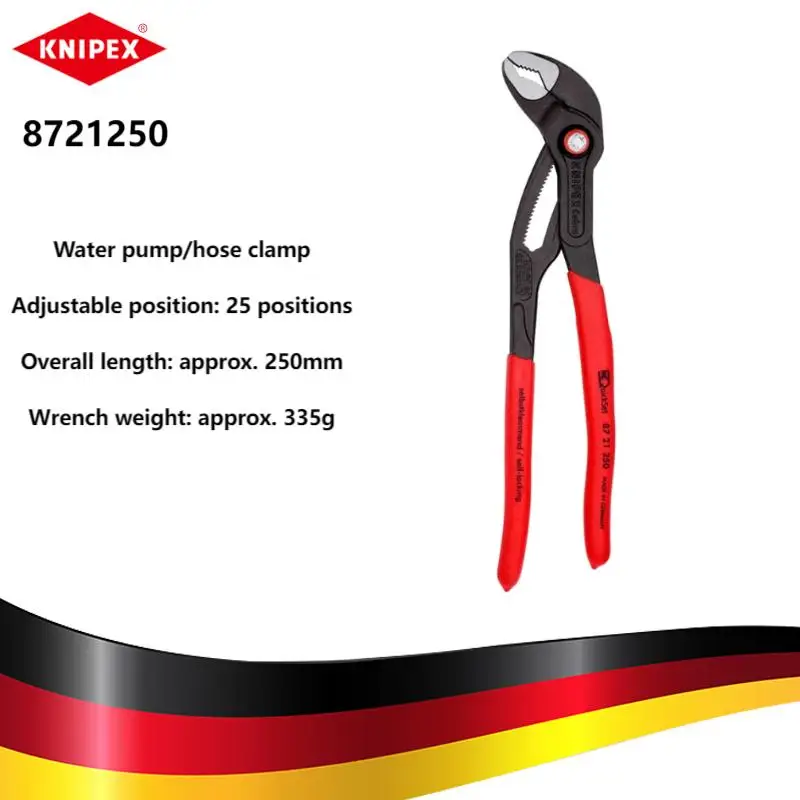 KNIPEX 8721250 250mm Cobra Adjustable Water Pump Pliers Anti-slip Jaw German Heavy Duty Tool For Pipe Plumbing Repair
KNIPEX 8721250 250mm Cobra Adjustable Water Pump Pliers Anti-slip Jaw German Heavy Duty Tool For Pipe Plumbing Repair