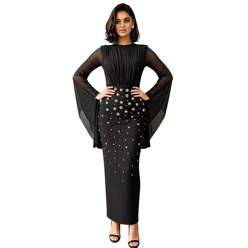 Socialite mesh trumpet sleeves shoulder pads, pearl studded diamond bandages dress, elegant party dress, mid length skirt
Socialite mesh trumpet sleeves shoulder pads, pearl studded diamond bandages dress, elegant party dress, mid length skirt