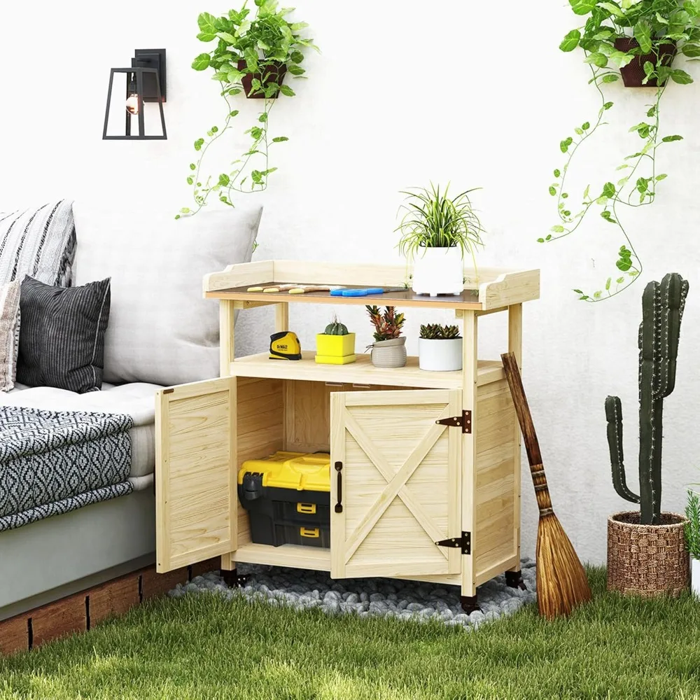 Outdoor Wooden Potting Bench Table, Garden Workstation with Storage Cabinet, Aluminum Table Top, Rubber Wheels for Backyard
Outdoor Wooden Potting Bench Table, Garden Workstation with Storage Cabinet, Aluminum Table Top, Rubber Wheels for Backyard