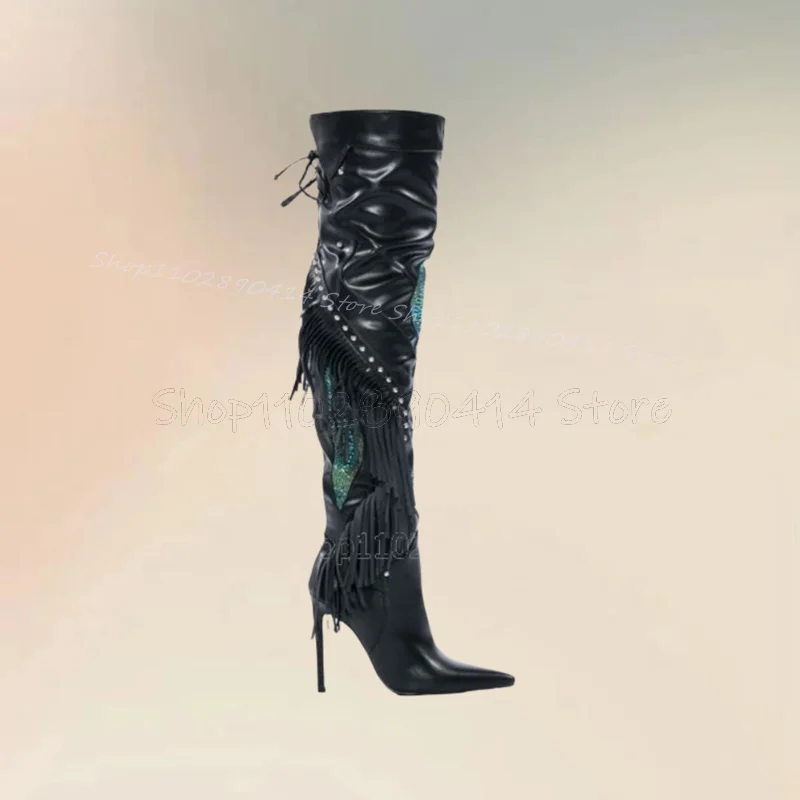 Crystal Decor Black Tassels Pleated Design Boots Side Zipper Women Shoes Thin High Heels Pointed Toe 2025 Zapatos Para Mujere
Crystal Decor Black Tassels Pleated Design Boots Side Zipper Women Shoes Thin High Heels Pointed Toe 2025 Zapatos Para Mujere