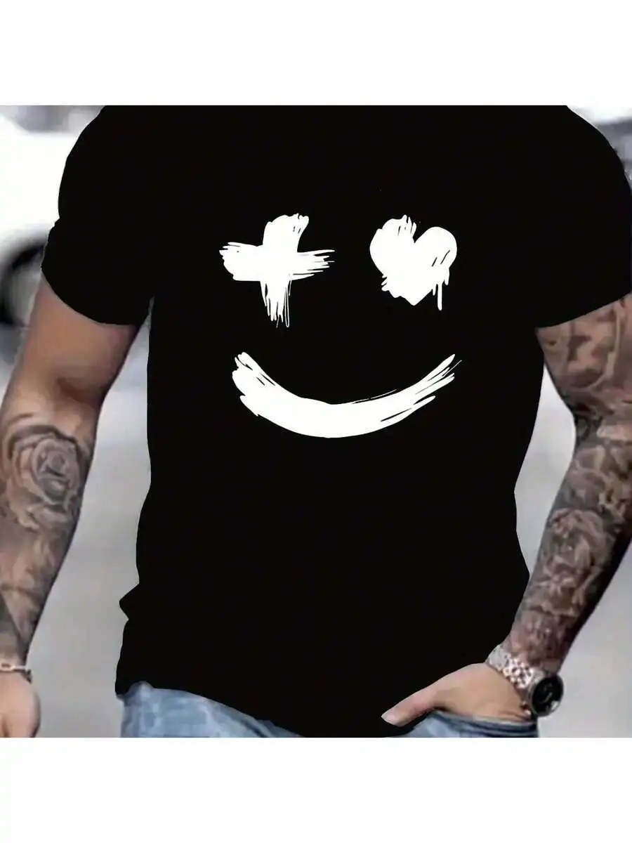 Mens Black Short Sleeve T-Shirt With White Graffiti Smiling Face Print Casual Round Neck Cotton Tee
Mens Black Short Sleeve T-Shirt With White Graffiti Smiling Face Print Casual Round Neck Cotton Tee