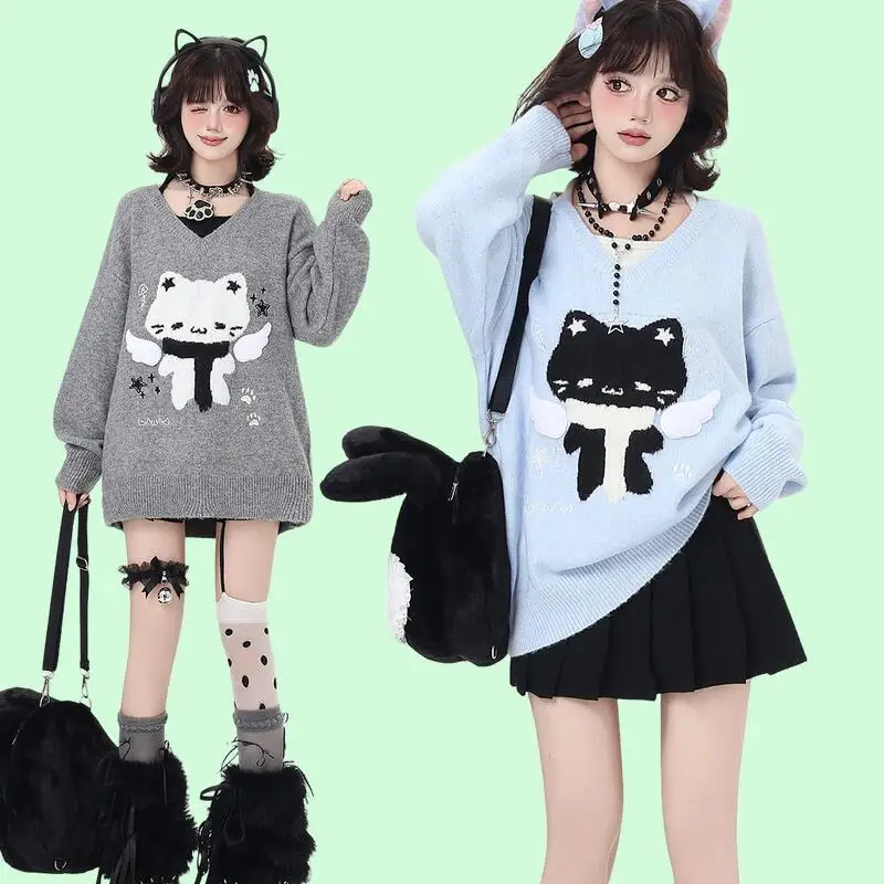Новый милый крутой свитер Hellokitty с v-образным вырезом, милый осенне-зимний женский поддельный модный комфортный повседневный свободный вязаный свитер для ленивого стиля 
Новый милый крутой свитер Hellokitty с v-образным вырезом, милый осенне-зимний женский поддельный модный комфортный повседневный свободный вязаный свитер для ленивого стиля