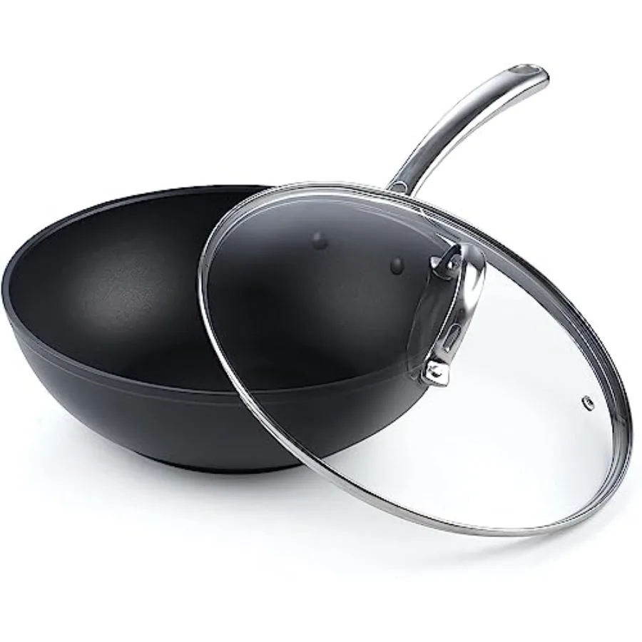 Nonstick Stir-Fry Wok Pan, Hard Anodized Deep Frying Pan with Glass Lid, Flat Bottom, Black
Nonstick Stir-Fry Wok Pan, Hard Anodized Deep Frying Pan with Glass Lid, Flat Bottom, Black