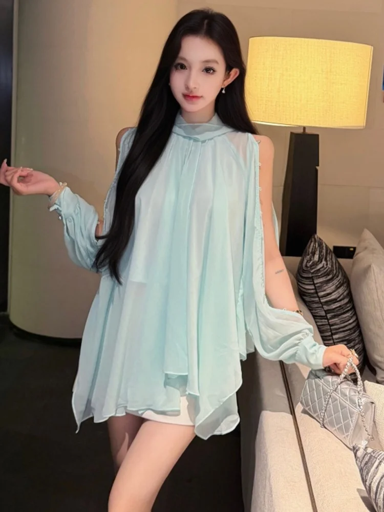 Sweet Shoulder Bared Uneven Hem Chiffon Loose Slimming Mesh Long Sleeve Shirt Top with Wrap around Skirt Set for Commuting
Sweet Shoulder Bared Uneven Hem Chiffon Loose Slimming Mesh Long Sleeve Shirt Top with Wrap around Skirt Set for Commuting