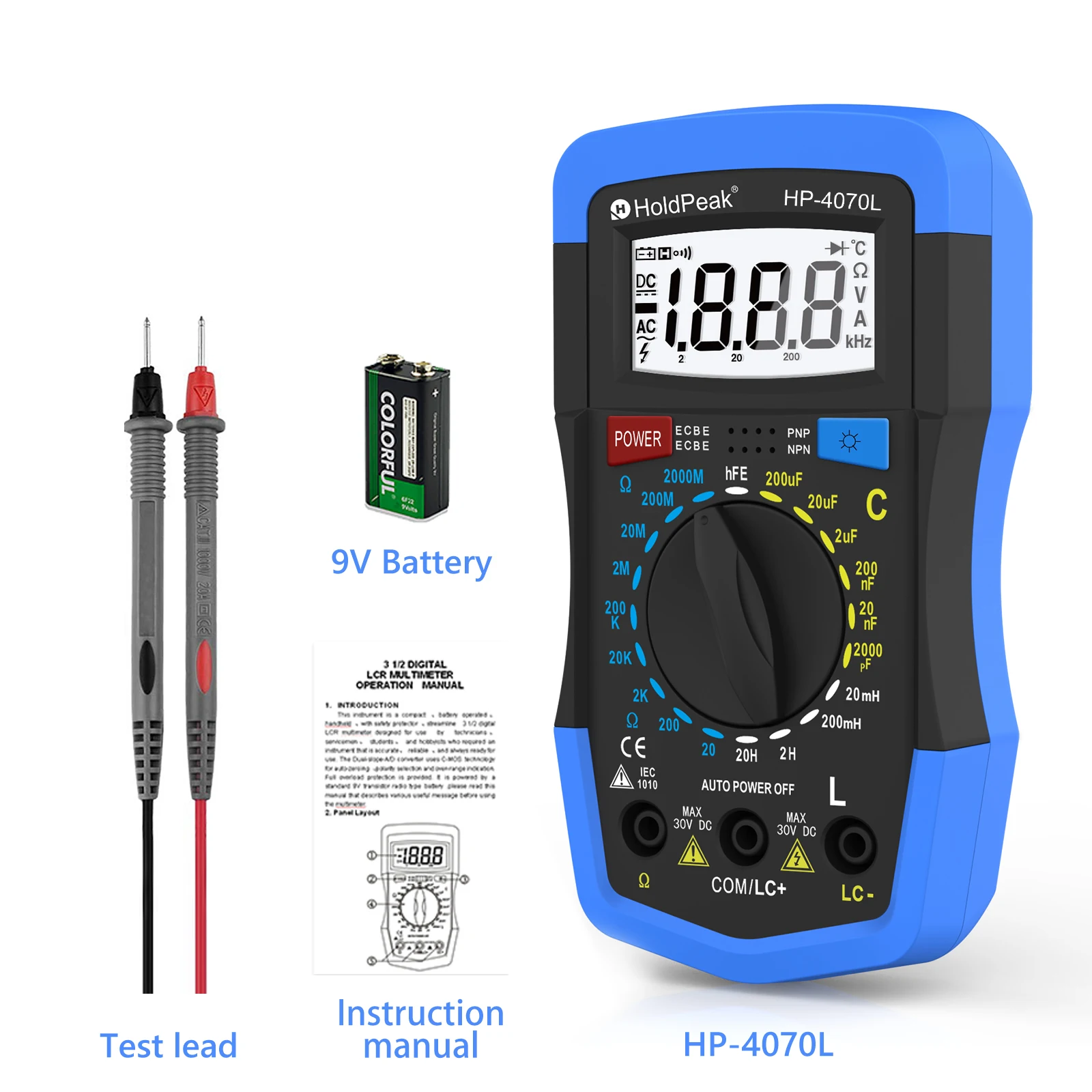 3½ Digit Handheld LCR Multimeter, 1999 Counts, R/C/L/hFE Tester, Backlight, Auto Zero, 9V Powered for Electronic Repair
3½ Digit Handheld LCR Multimeter, 1999 Counts, R/C/L/hFE Tester, Backlight, Auto Zero, 9V Powered for Electronic Repair