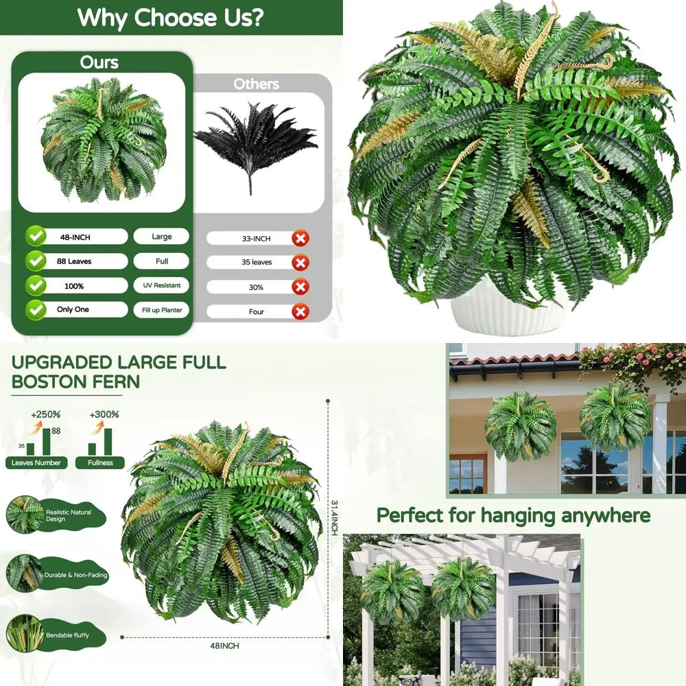 Realistic Large Faux Boston Ferns, 47 UV-Resistant Artificial Outdoor Hanging Plants for Patio and Porch
Realistic Large Faux Boston Ferns, 47 UV-Resistant Artificial Outdoor Hanging Plants for Patio and Porch