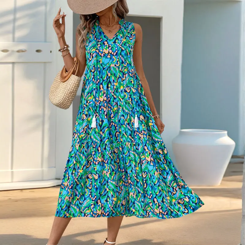 2025 Summer Women's Dress Sleeveless V-neck Tassel Print Fashion Vacation Casual Beach Midi Skirt for Female
2025 Summer Women's Dress Sleeveless V-neck Tassel Print Fashion Vacation Casual Beach Midi Skirt for Female