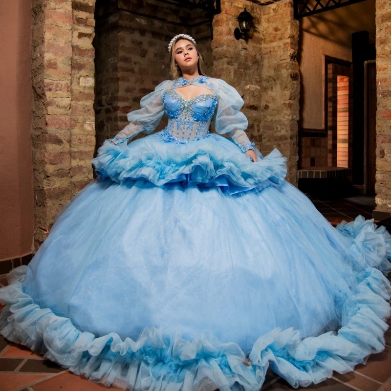 Light Blue Shiny Ball Gown Quinceanera Dresses Off The Shoulder Applique Lace Beading Crystal Tiered Tull Corset Sweet 16 Dress
Light Blue Shiny Ball Gown Quinceanera Dresses Off The Shoulder Applique Lace Beading Crystal Tiered Tull Corset Sweet 16 Dress