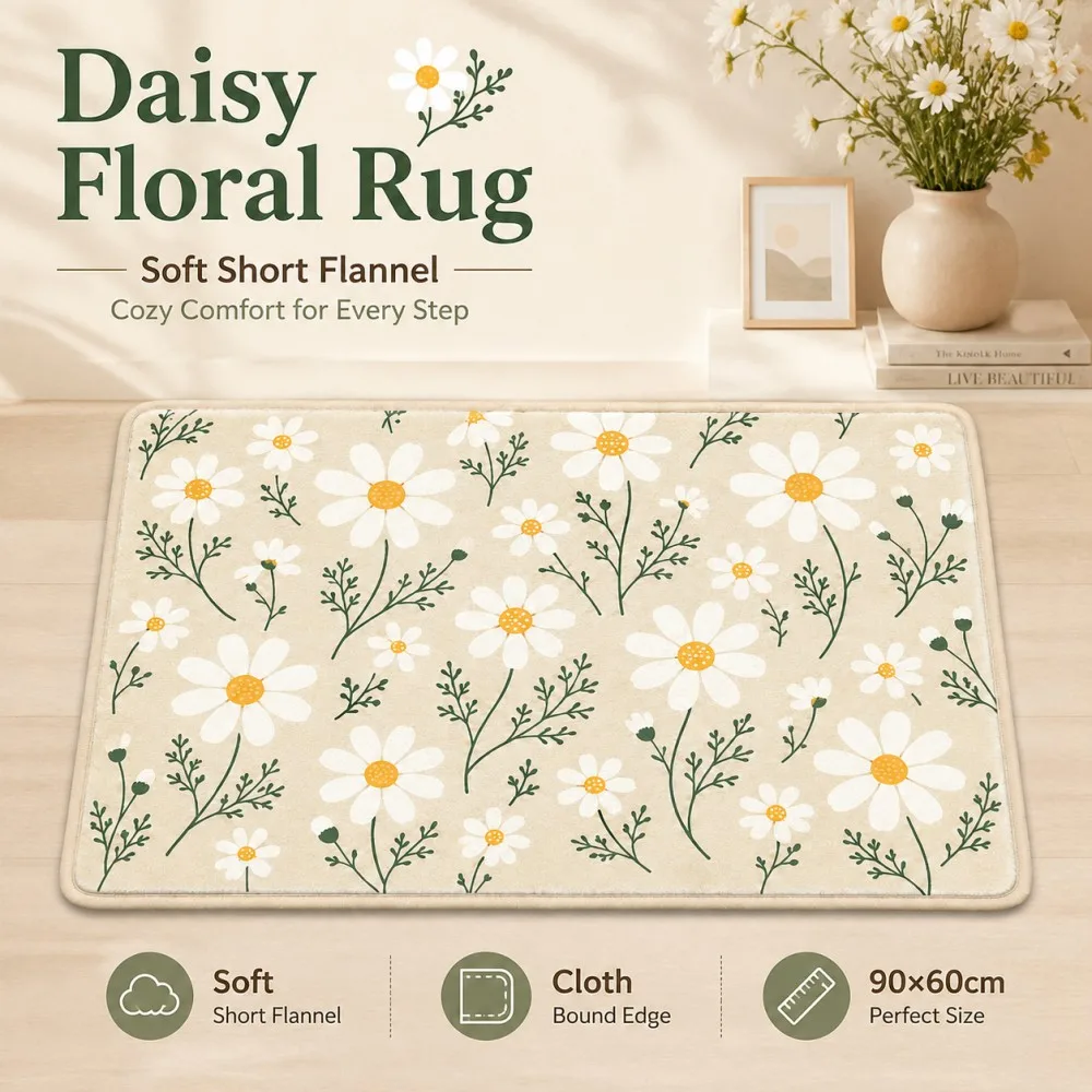ESRBSO Daisy Floral Rug 90x60cm Soft Short Flannel Non Slip Floor Mat Cloth Bound Edge Bedroom Doorway Bathroom Decor Carpet
ESRBSO Daisy Floral Rug 90x60cm Soft Short Flannel Non Slip Floor Mat Cloth Bound Edge Bedroom Doorway Bathroom Decor Carpet