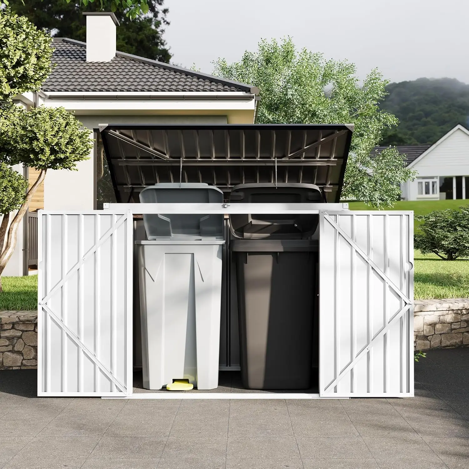 2 Trash Cans Metal Outdoor Storage, 3x6 FT Garbage Bin Storage Shed with Chain Lid, Garbage Can Metal
2 Trash Cans Metal Outdoor Storage, 3x6 FT Garbage Bin Storage Shed with Chain Lid, Garbage Can Metal