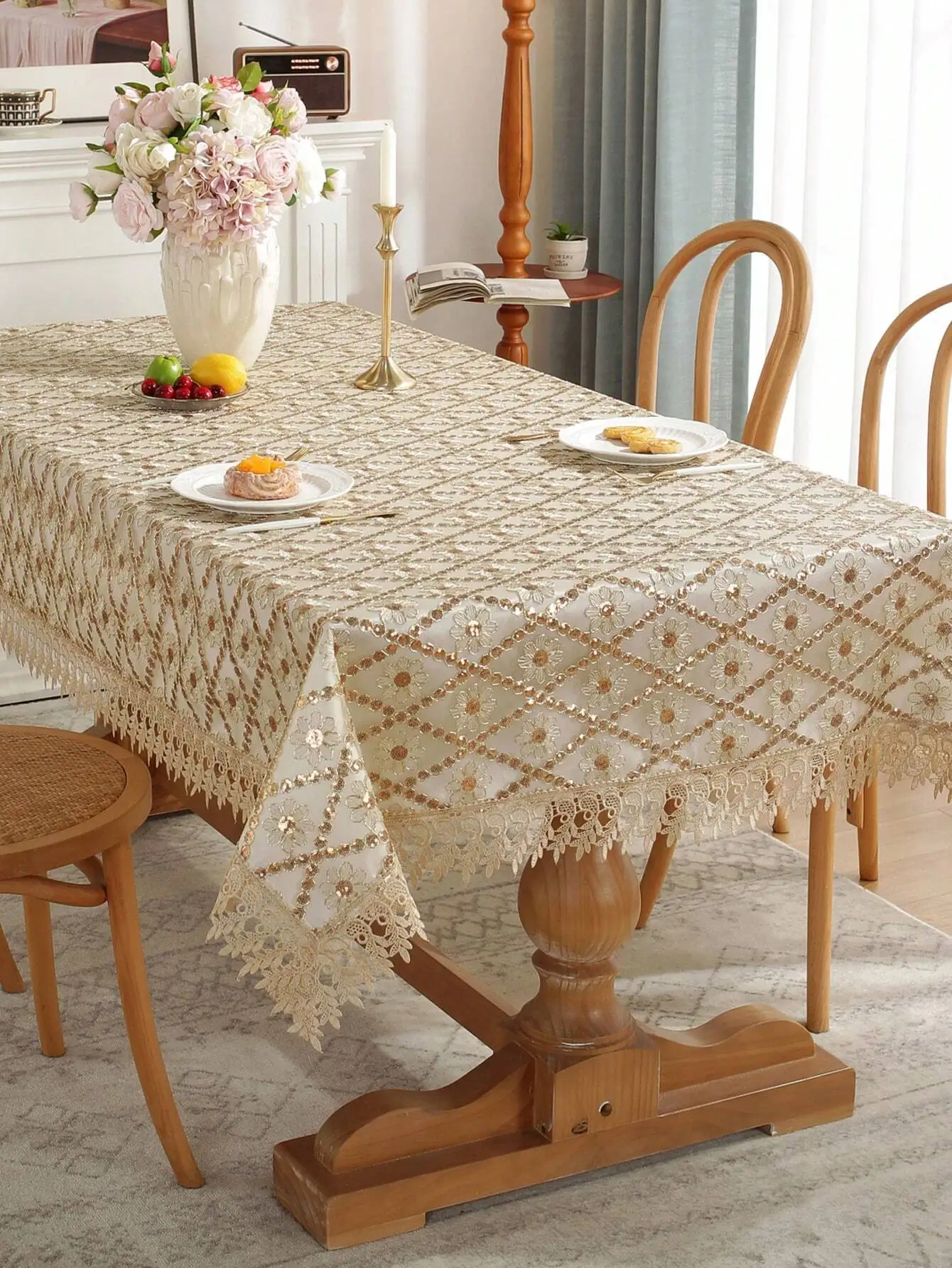 Elegant Beige Floral Embroidered Sequin Lace Tablecloth with Fringe Trim
Elegant Beige Floral Embroidered Sequin Lace Tablecloth with Fringe Trim