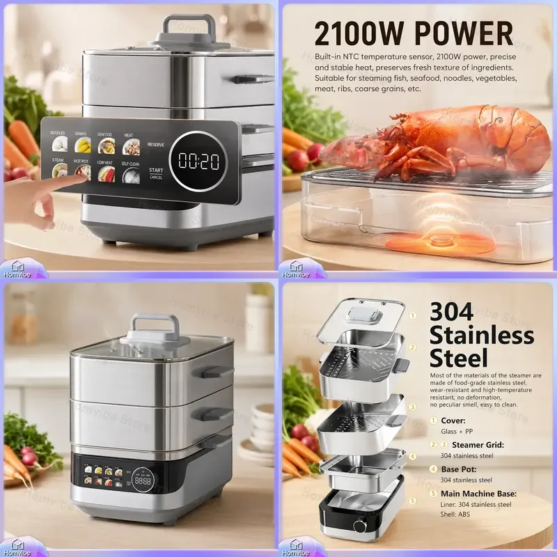 Electric Food Steamer 2100W Rapid Steam Cooker 13.5L Stainless Steel Kitchen Steamer for Healthy Cooking Breakfast
Electric Food Steamer 2100W Rapid Steam Cooker 13.5L Stainless Steel Kitchen Steamer for Healthy Cooking Breakfast