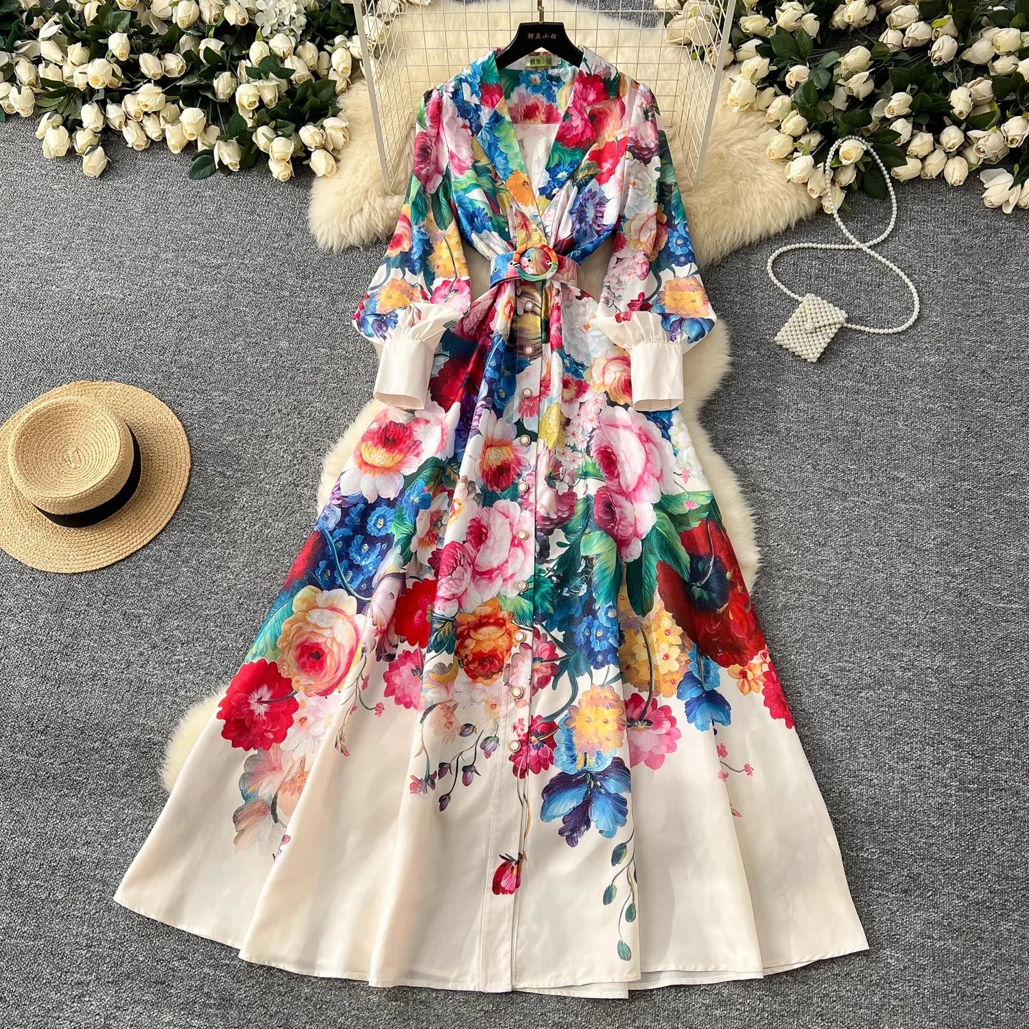 Spring Autumn Runway Gorgeous Flower Long Dress Women's Notched Lantern Sleeve Floral Print Belt Maxi Robes Vestidos Clothes
Spring Autumn Runway Gorgeous Flower Long Dress Women's Notched Lantern Sleeve Floral Print Belt Maxi Robes Vestidos Clothes