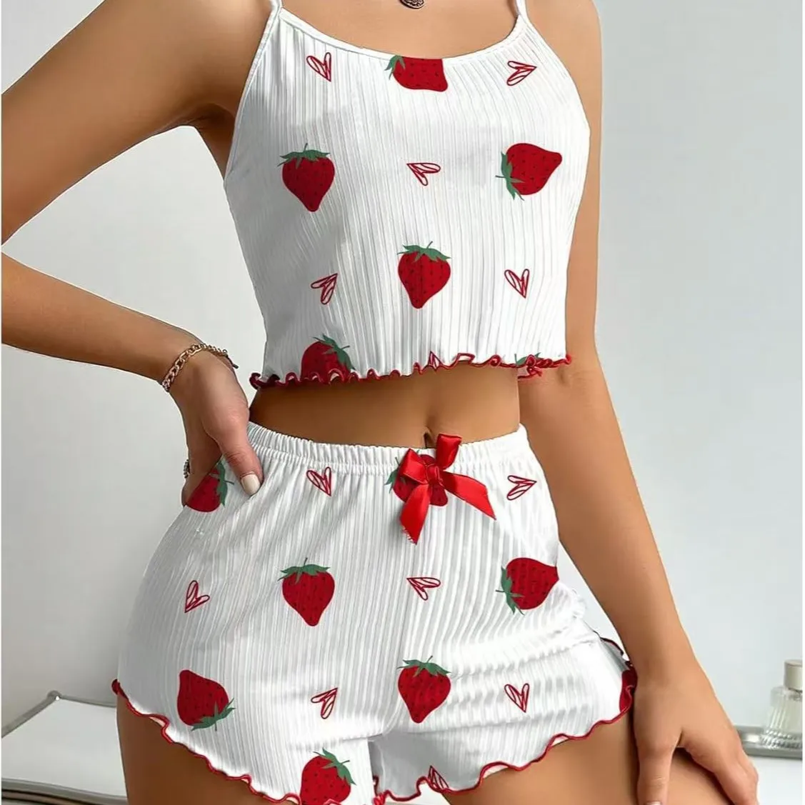 Comfortable Relaxed Fit Women's Pajama Cherry Print Frill Trim Ribbed Round Neck Backless Crop Cami Top & Shorts Lounge Set
Comfortable Relaxed Fit Women's Pajama Cherry Print Frill Trim Ribbed Round Neck Backless Crop Cami Top & Shorts Lounge Set