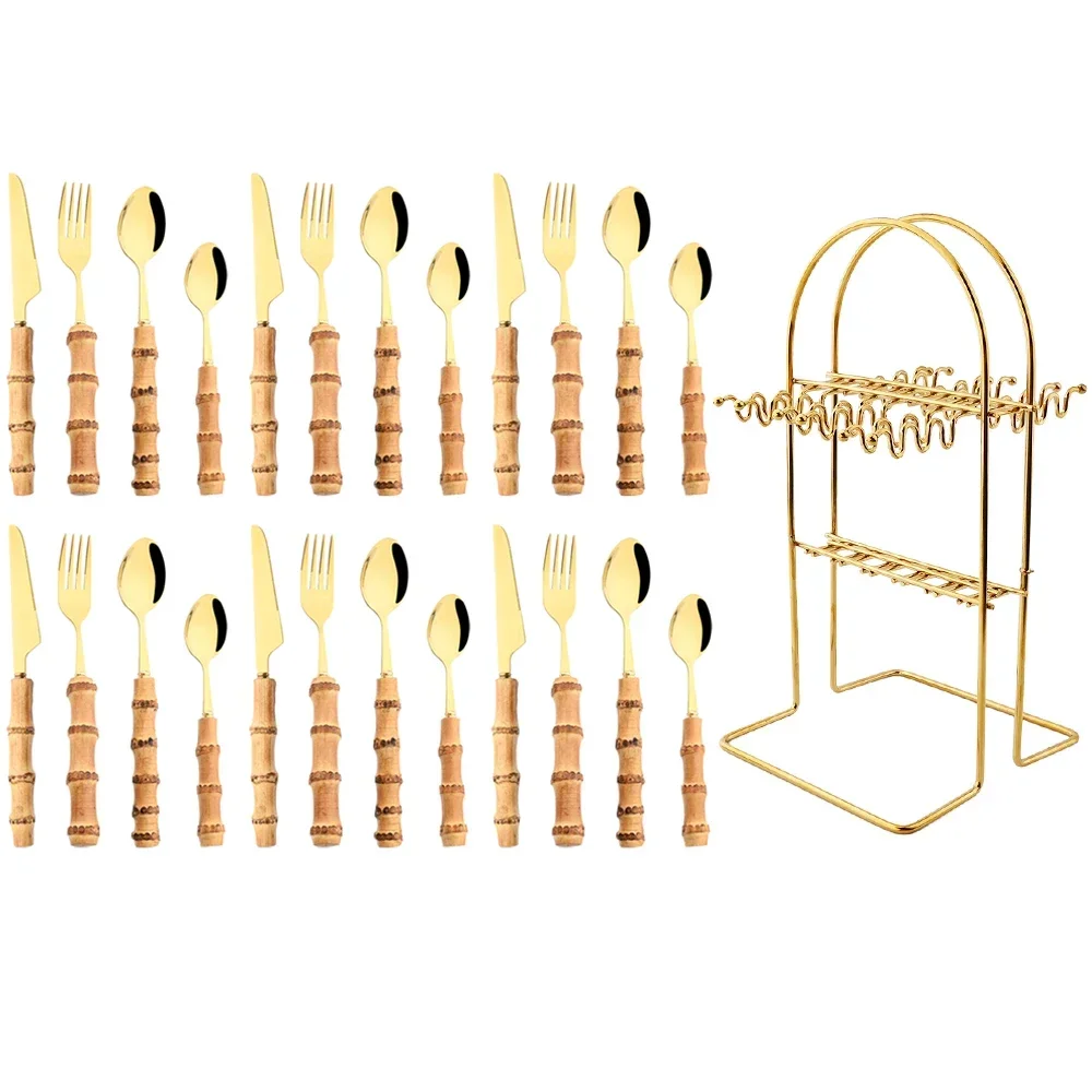 24Pcs Gold Bamboo Handle Cutlery Set Knife Fork Coffee Spoon Dinnerware Set Stainless Steel Flatware Kitchen Tableware with Rack
24Pcs Gold Bamboo Handle Cutlery Set Knife Fork Coffee Spoon Dinnerware Set Stainless Steel Flatware Kitchen Tableware with Rack