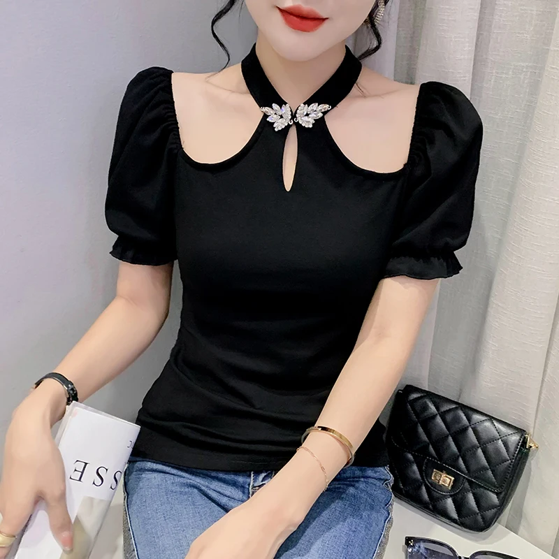 Black Summer Korean Style Cotton T-Shirt Chic Sexy Stand Hollow Out Women's Puff Sleeve Tops Slim All Match Tees 2024 New 43212
Black Summer Korean Style Cotton T-Shirt Chic Sexy Stand Hollow Out Women's Puff Sleeve Tops Slim All Match Tees 2024 New 43212