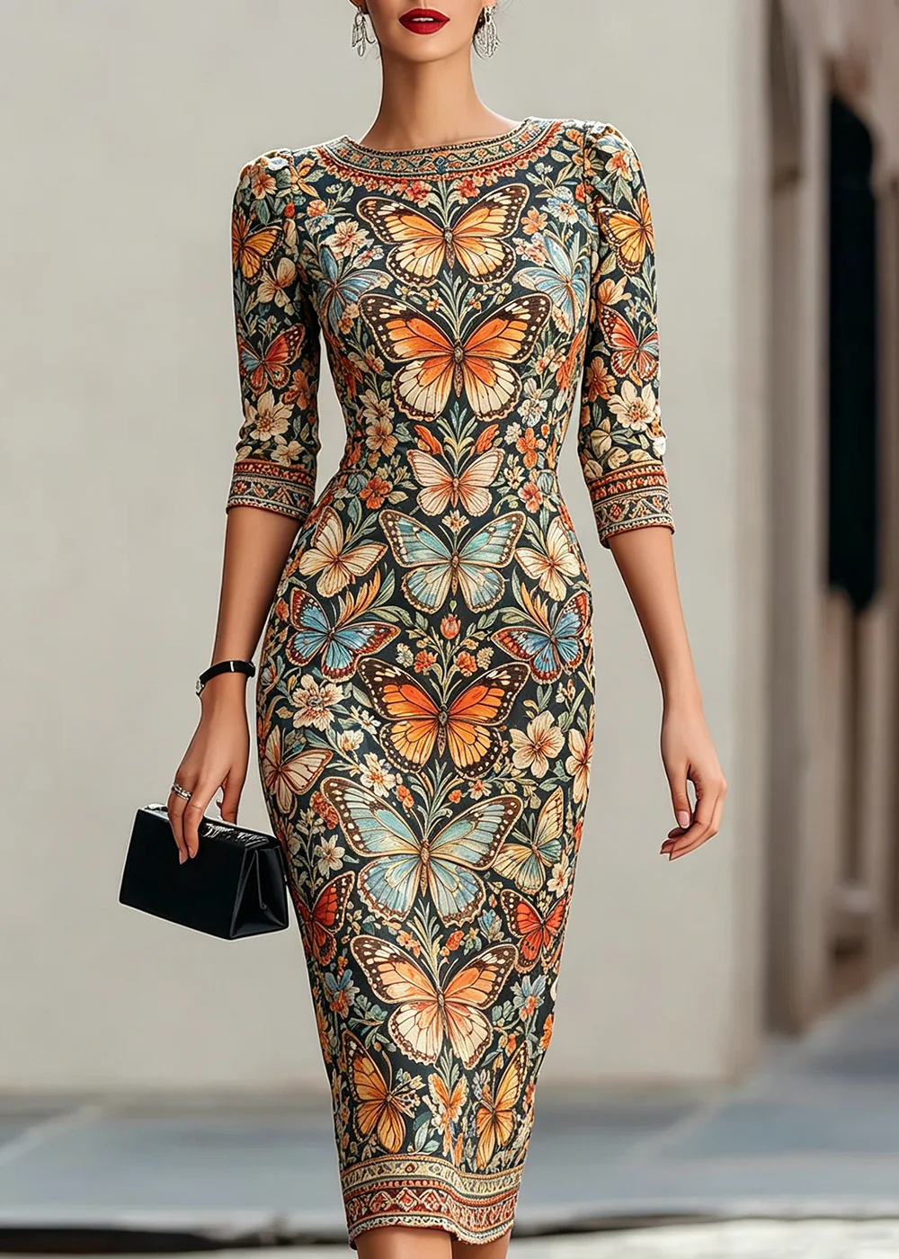 Women's Colorful Butterfly Floral Print Bodycon Midi Dress Round Neck 3/4 Sleeve Slim Fit Vintage Party Office Pencil Dress
Women's Colorful Butterfly Floral Print Bodycon Midi Dress Round Neck 3/4 Sleeve Slim Fit Vintage Party Office Pencil Dress