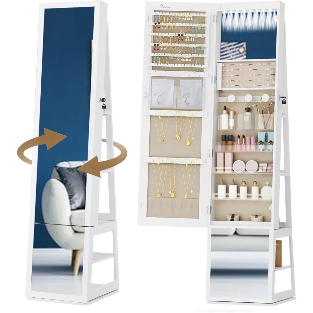 16 LEDs Jewelry Cabinet Armoire, 63" H Standing Jewelry Organizer with 360° Rotating Base, Lockable Full-length Mirror
16 LEDs Jewelry Cabinet Armoire, 63" H Standing Jewelry Organizer with 360° Rotating Base, Lockable Full-length Mirror