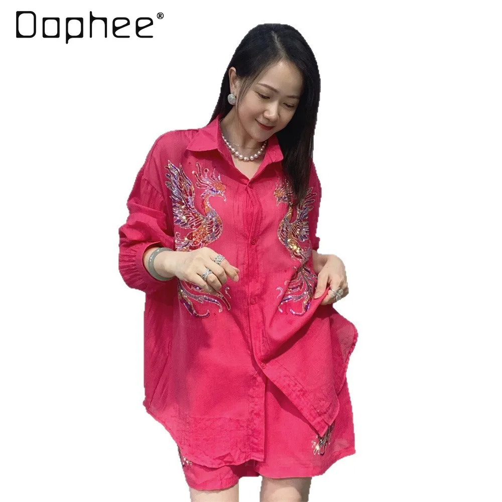 Chinese Style Phoenix Embroidery Two Piece Set Hot Pink Oversized Shirt + Shorts Outfit Loose Long-sleeved Shirt Casual Suit
Chinese Style Phoenix Embroidery Two Piece Set Hot Pink Oversized Shirt + Shorts Outfit Loose Long-sleeved Shirt Casual Suit