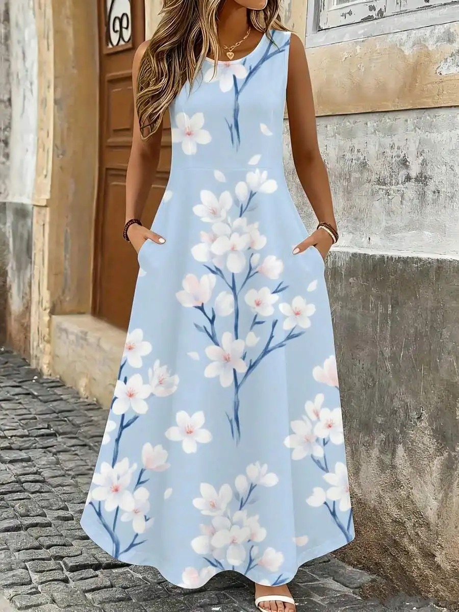 Light Blue Floral Sleeveless Maxi Dress Summer Beach Vacation Casual Long Dress For Women
Light Blue Floral Sleeveless Maxi Dress Summer Beach Vacation Casual Long Dress For Women
