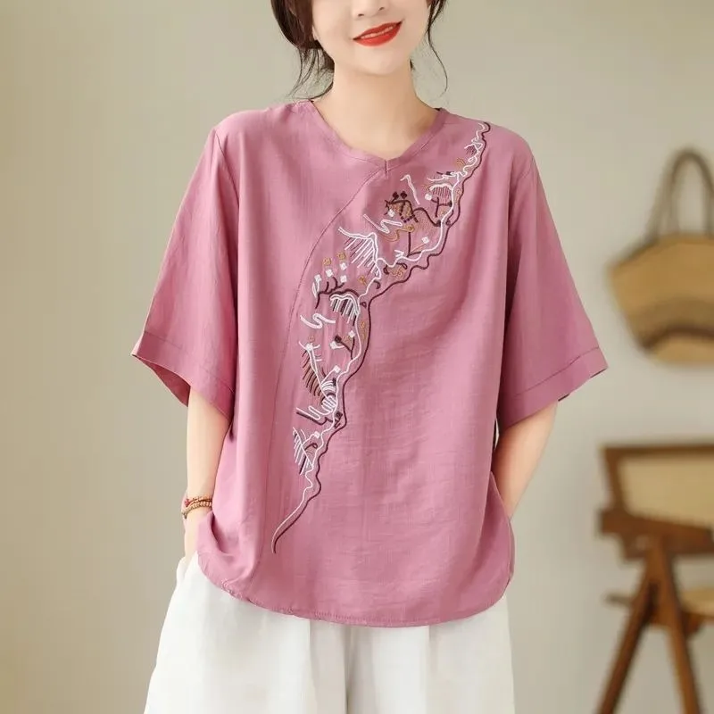 New All Match Embroidered Top Solid Color Summer Chinese Style Loose Breathable Cotton and Hemp Fashion Round Neck Top
New All Match Embroidered Top Solid Color Summer Chinese Style Loose Breathable Cotton and Hemp Fashion Round Neck Top