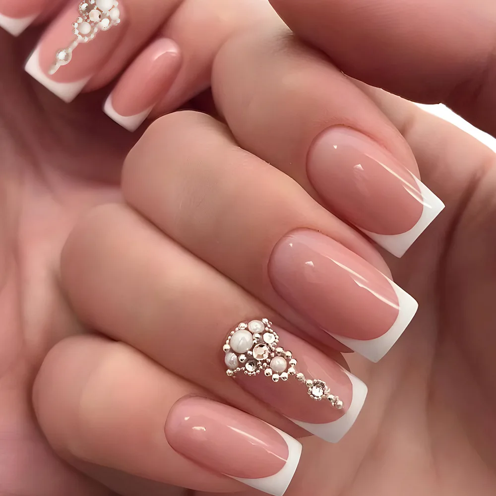 Pearl Rhinestone Nail Tips with White Edge French Design Wearable Removable Artificial Nails
Pearl Rhinestone Nail Tips with White Edge French Design Wearable Removable Artificial Nails