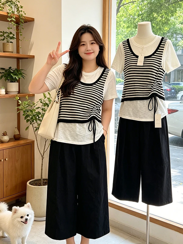 plus Size Black And White Striped Wide Leg Pants Set Women's Casual Summer Slimming Two Piece Set Korean Style Commute Fashion
plus Size Black And White Striped Wide Leg Pants Set Women's Casual Summer Slimming Two Piece Set Korean Style Commute Fashion